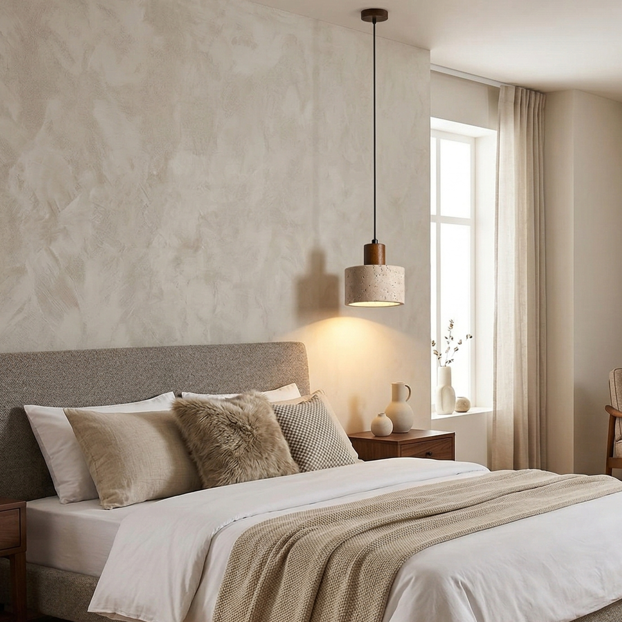 Travertine & Walnut Wood Pendant Light Natural Stone Shade Hanging Lamp 99