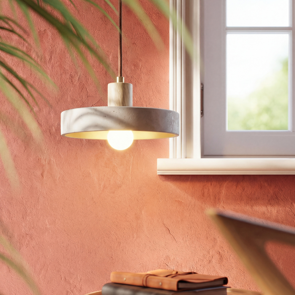 Travertine Pendant Light Wood Cap Bauhaus Adjustable Height Kitchen Dining Room Home Decor - Stack & Clear 2
