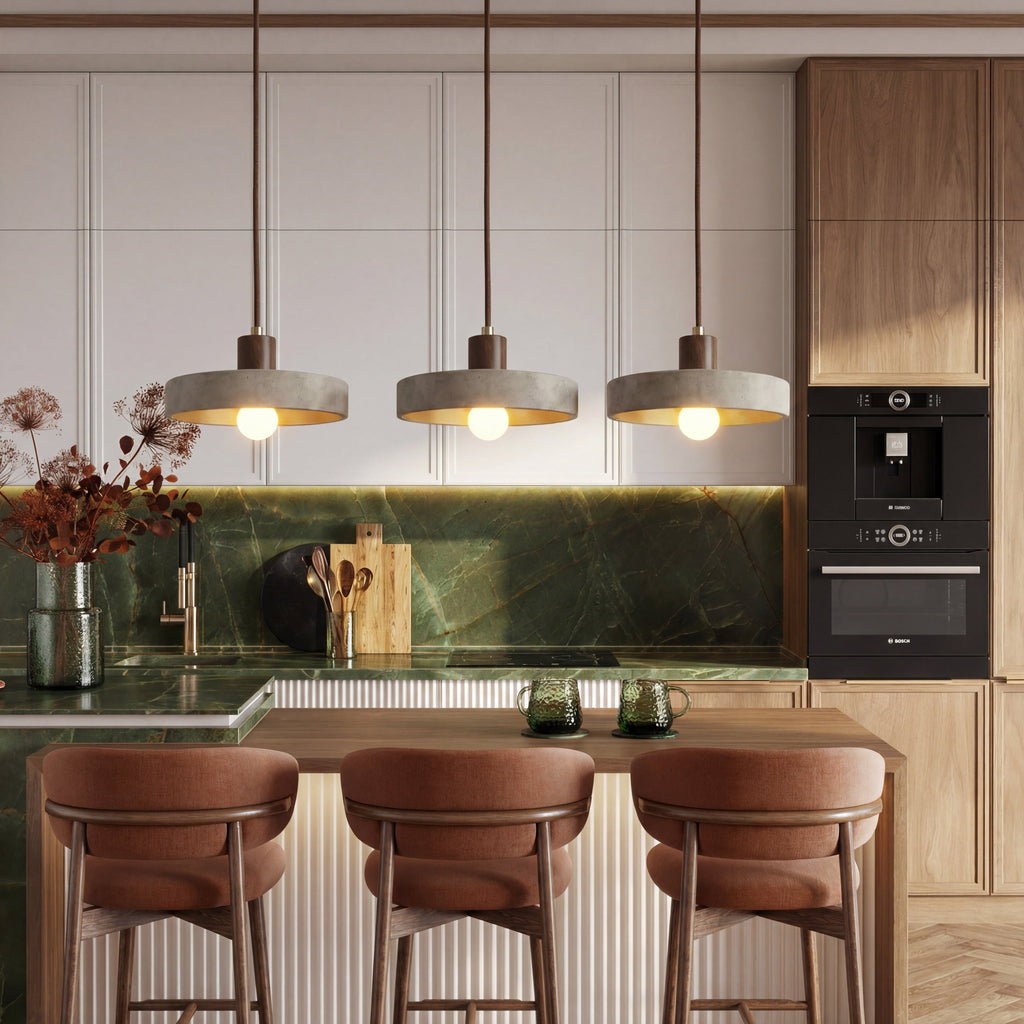 Travertine Pendant Light Wood Cap Bauhaus Adjustable Height Kitchen Dining Room Home Decor - Stack & Clear 3