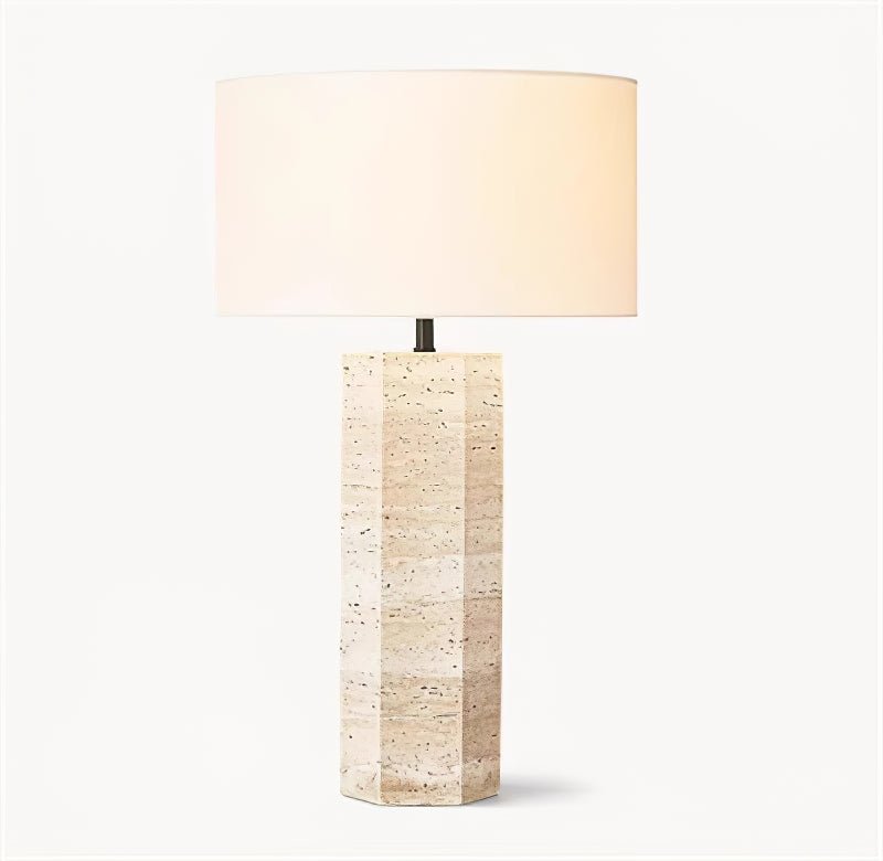 Travertine Table Lamp White Fabric Shade Natural Stone Minimalist Bedside Living Room Home Decor - Stack & Clear 0