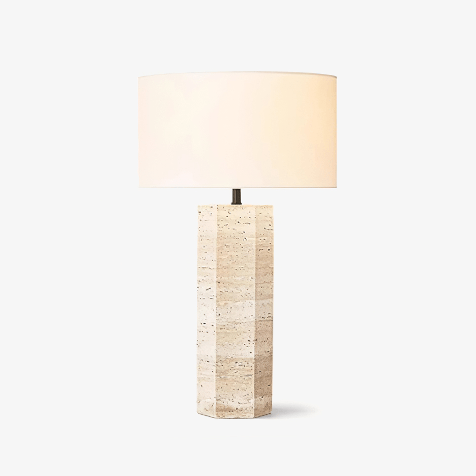 Travertine Table Lamp White Fabric Shade Natural Stone Minimalist Bedside Living Room Home Decor - Stack & Clear 1