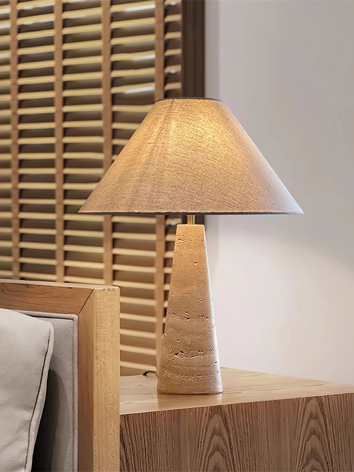 Travertine Table Lamp White Fabric Shade Natural Stone Minimalist Bedside Living Room Home Decor - Stack & Clear 11
