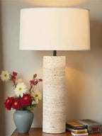 Travertine Table Lamp White Fabric Shade Natural Stone Minimalist Bedside Living Room Home Decor - Stack & Clear 8