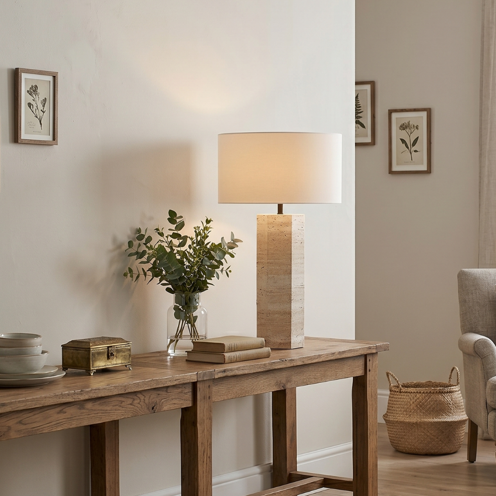 Travertine Table Lamp White Fabric Shade Natural Stone Minimalist Bedside Living Room Home Decor - Stack & Clear 99
