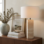 Travertine Table Lamp White Fabric Shade Natural Stone Minimalist Bedside Living Room Home Decor - Stack & Clear 997