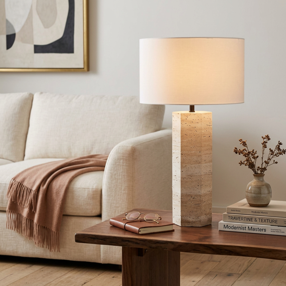 Travertine Table Lamp White Fabric Shade Natural Stone Minimalist Bedside Living Room Home Decor - Stack & Clear 998
