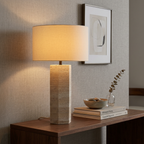 Travertine Table Lamp White Fabric Shade Natural Stone Minimalist Bedside Living Room Home Decor - Stack & Clear 999