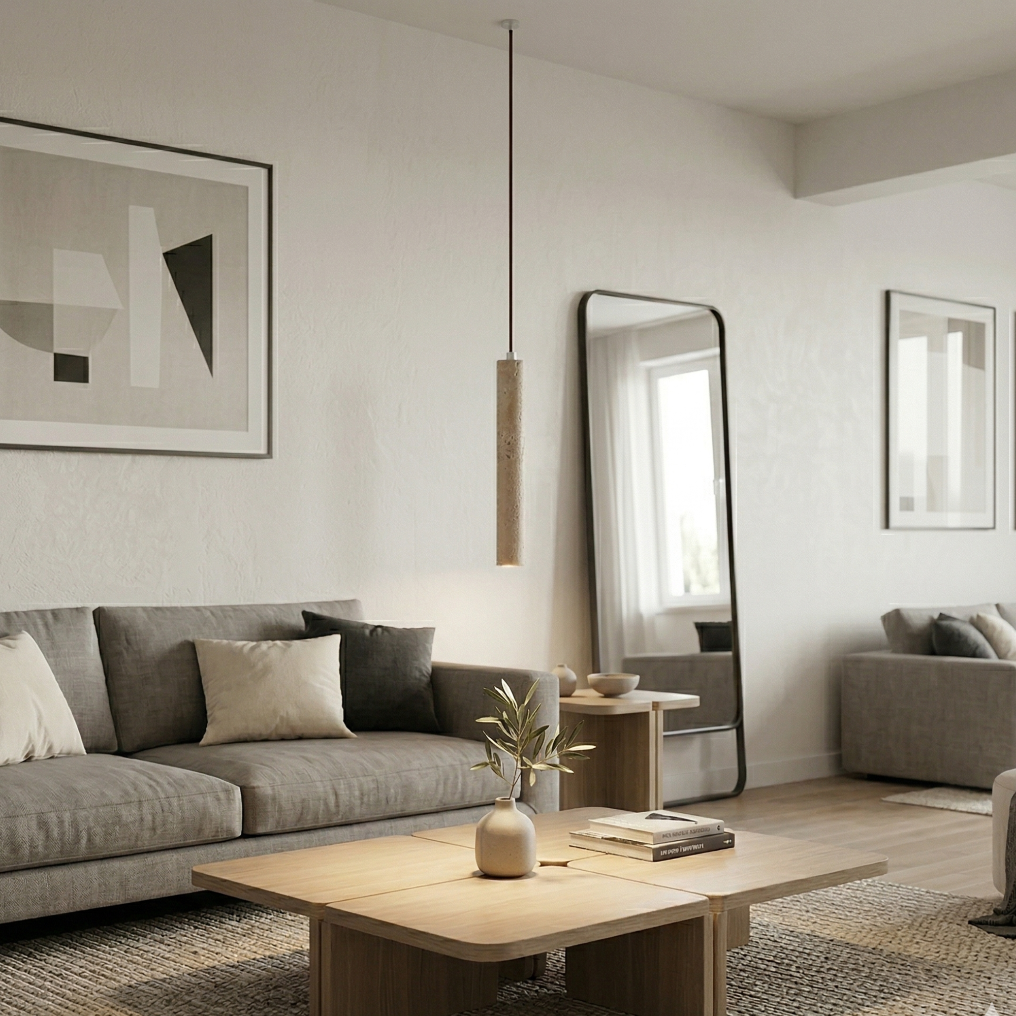 Travertine Tube Pendant Light Slim Cylinder Stone Hanging Lamp 99