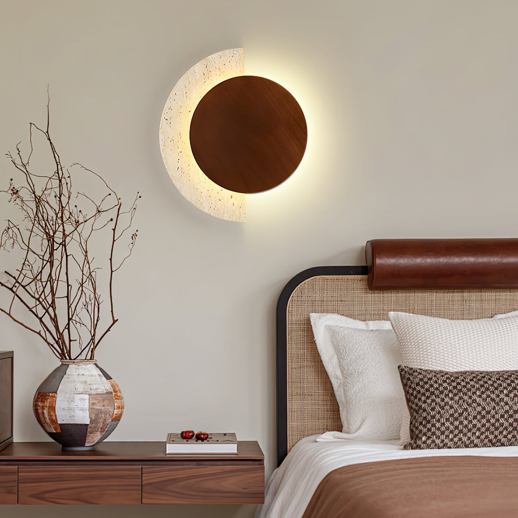 Travertine Wall Sconce Wood Accent LED Nordic Crescent Moon Bedroom Living Room Home Decor - Stack & Clear 2