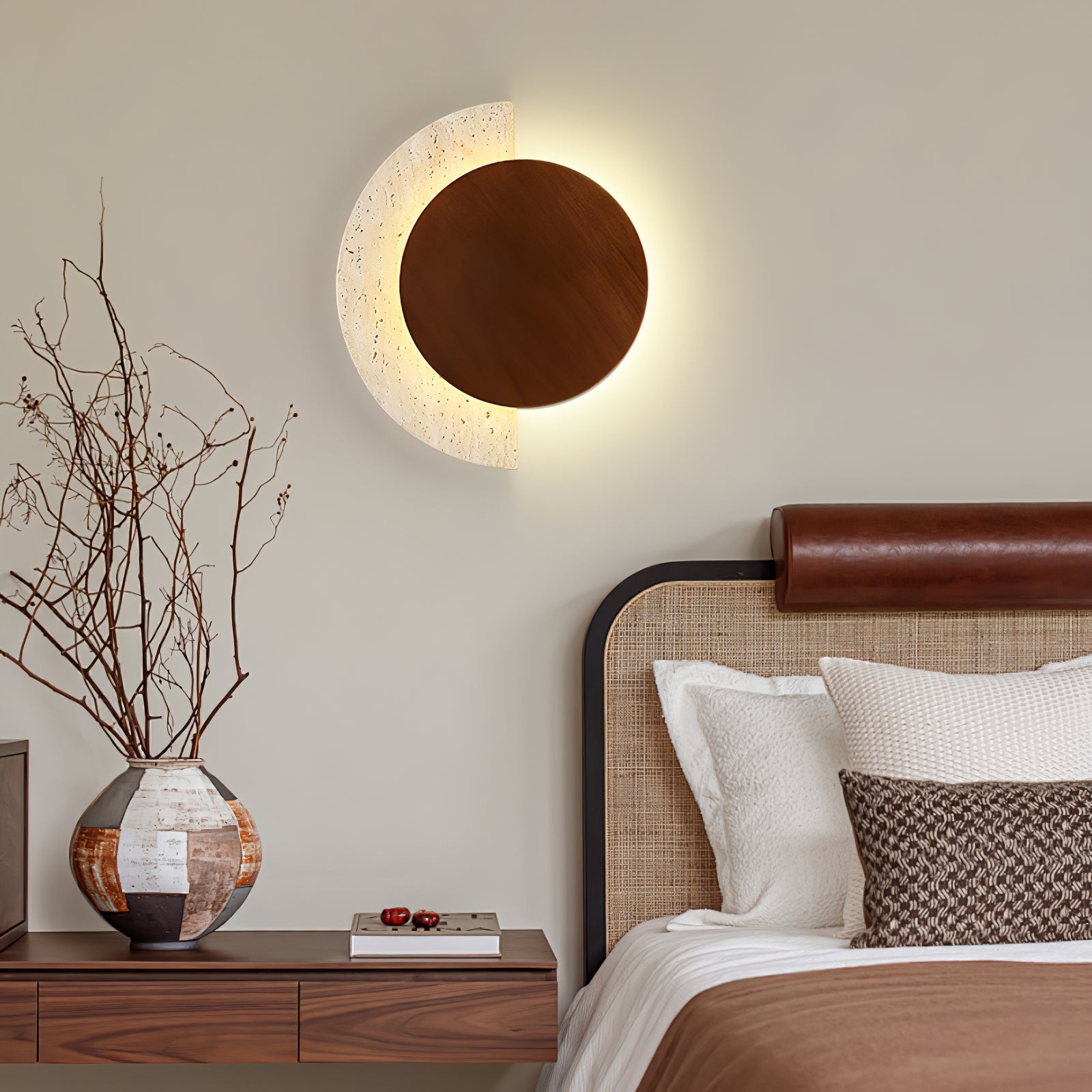 Travertine Wall Sconce Wood Accent LED Nordic Crescent Moon Bedroom Living Room Home Decor - Stack & Clear 2
