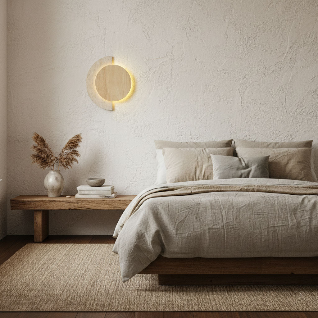 Travertine Wall Sconce Wood Accent LED Nordic Crescent Moon Bedroom Living Room Home Decor - Stack & Clear 3