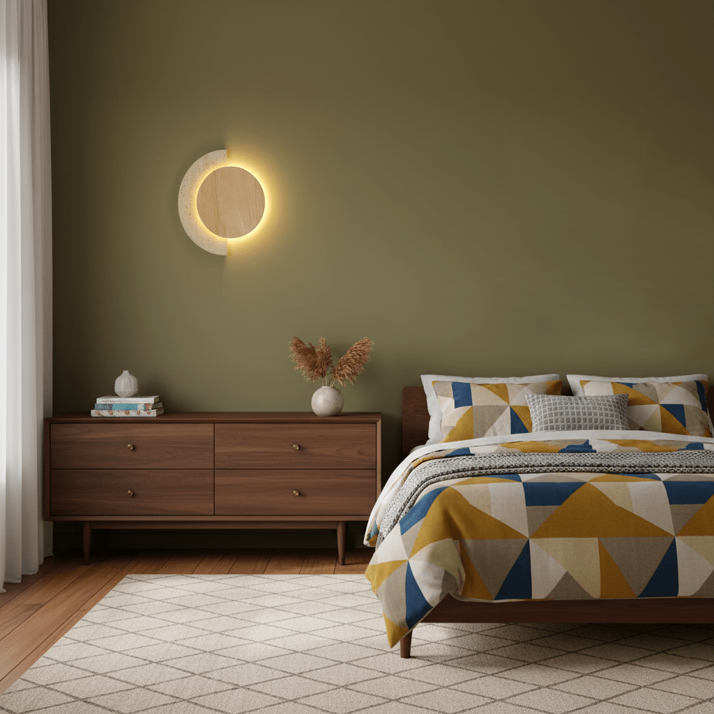 Travertine Wall Sconce Wood Accent LED Nordic Crescent Moon Bedroom Living Room Home Decor - Stack & Clear 4