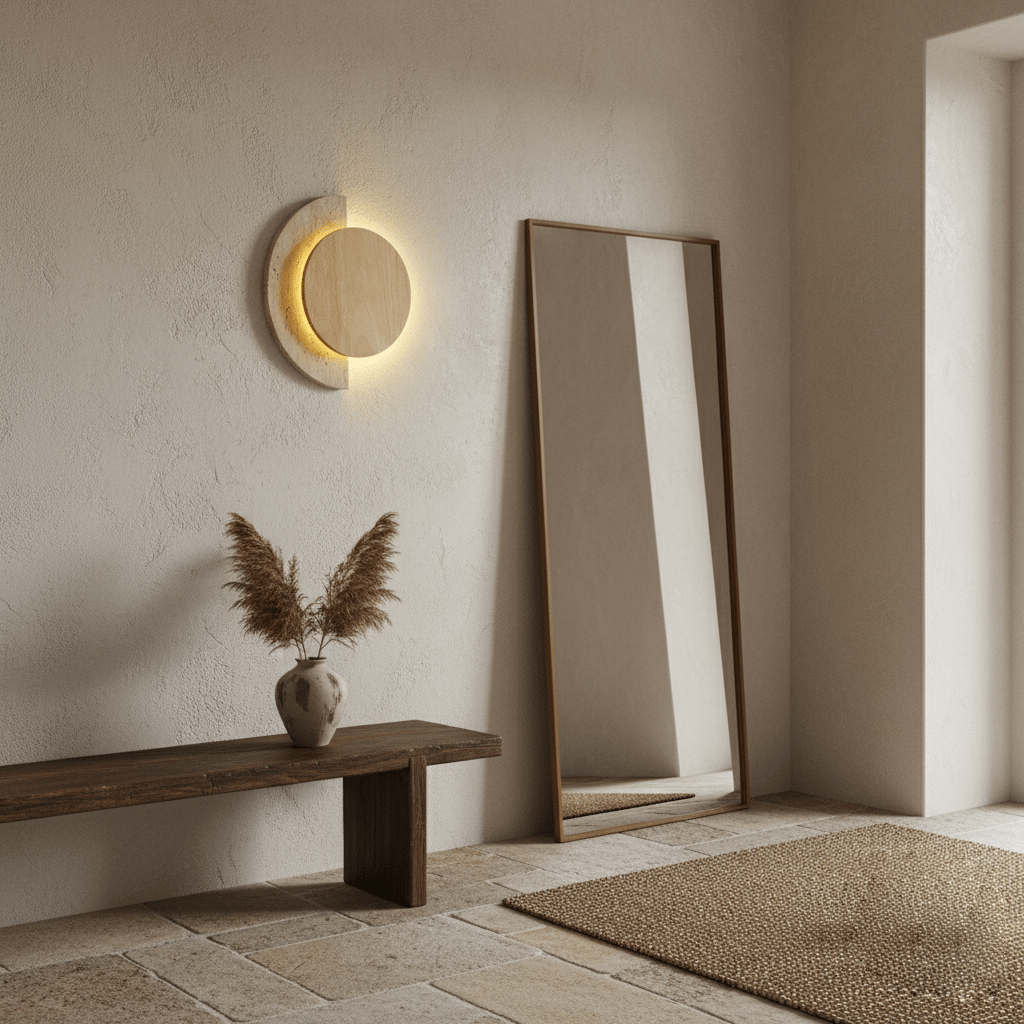 Travertine Wall Sconce Wood Accent LED Nordic Crescent Moon Bedroom Living Room Home Decor - Stack & Clear 5