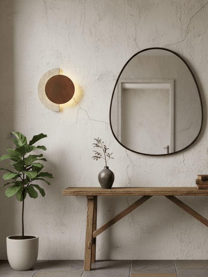 Travertine Wall Sconce Wood Accent LED Nordic Crescent Moon Bedroom Living Room Home Decor - Stack & Clear 8