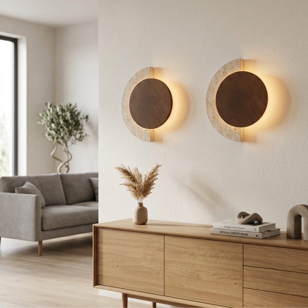 Travertine Wall Sconce Wood Accent LED Nordic Crescent Moon Bedroom Living Room Home Decor - Stack & Clear
97