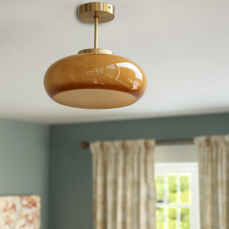 Vintage Brass Flush Mount Ceiling Light with Yellow Glass Shade – Modern Design for Elegant Spaces 0