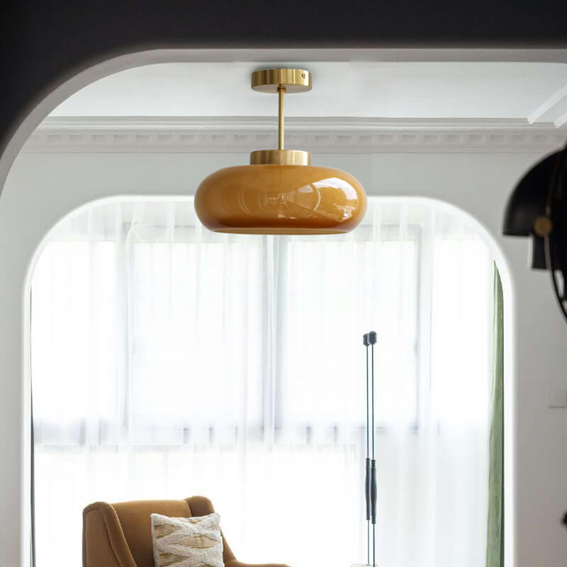 Vintage Brass Flush Mount Ceiling Light with Yellow Glass Shade – Modern Design for Elegant Spaces 1