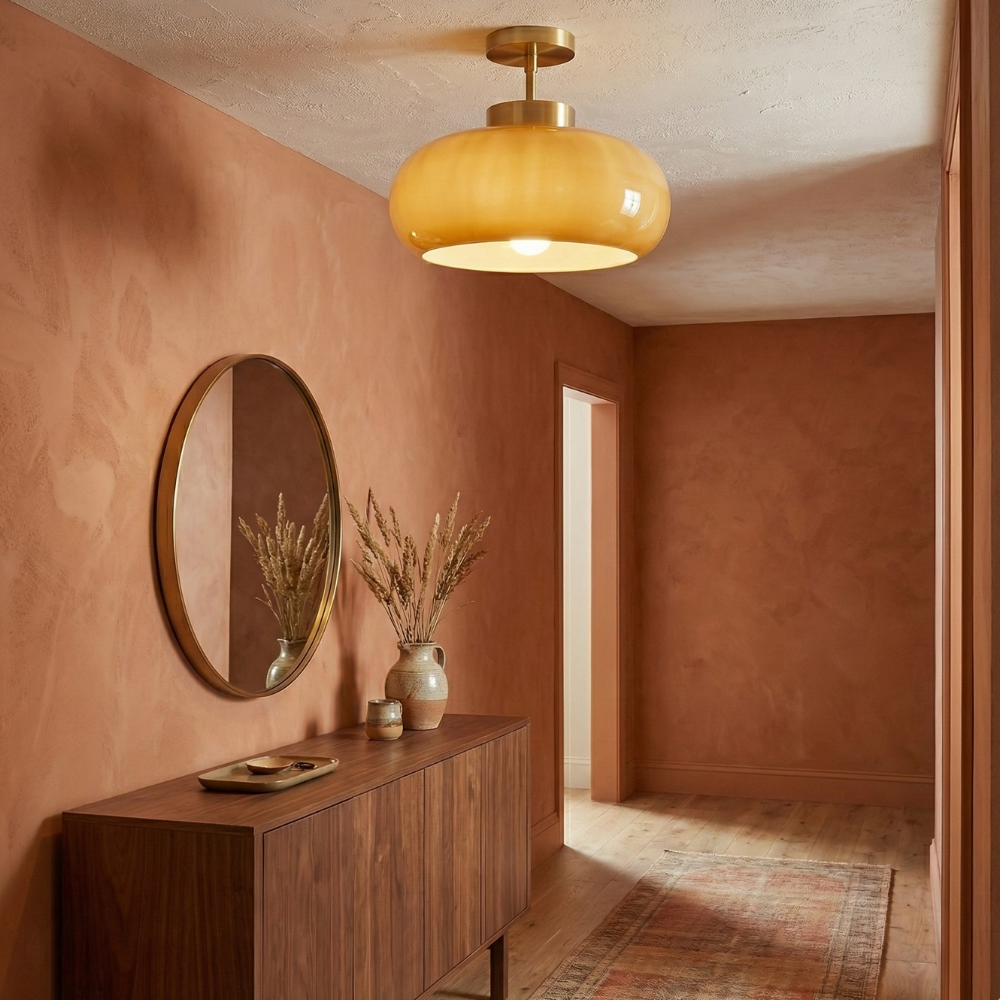 Vintage Brass Flush Mount Ceiling Light with Yellow Glass Shade – Modern Design for Elegant Spaces 13