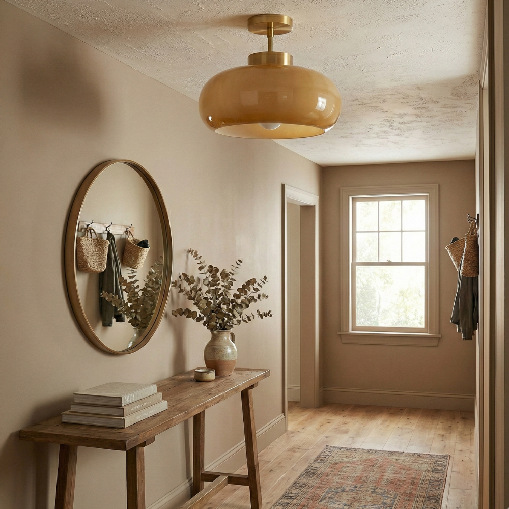 Vintage Brass Flush Mount Ceiling Light with Yellow Glass Shade – Modern Design for Elegant Spaces 14