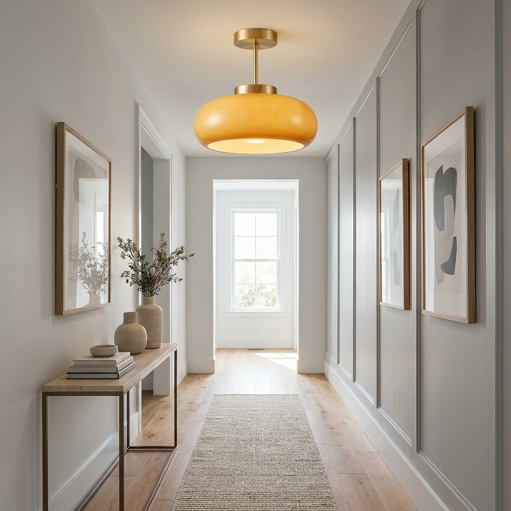 Vintage Brass Flush Mount Ceiling Light with Yellow Glass Shade – Modern Design for Elegant Spaces 997