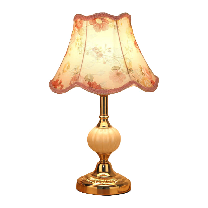 Vintage Floral Table Lamp with Fabric Shade – Elegant Bedside or Desk Lamp in White and Gold 0