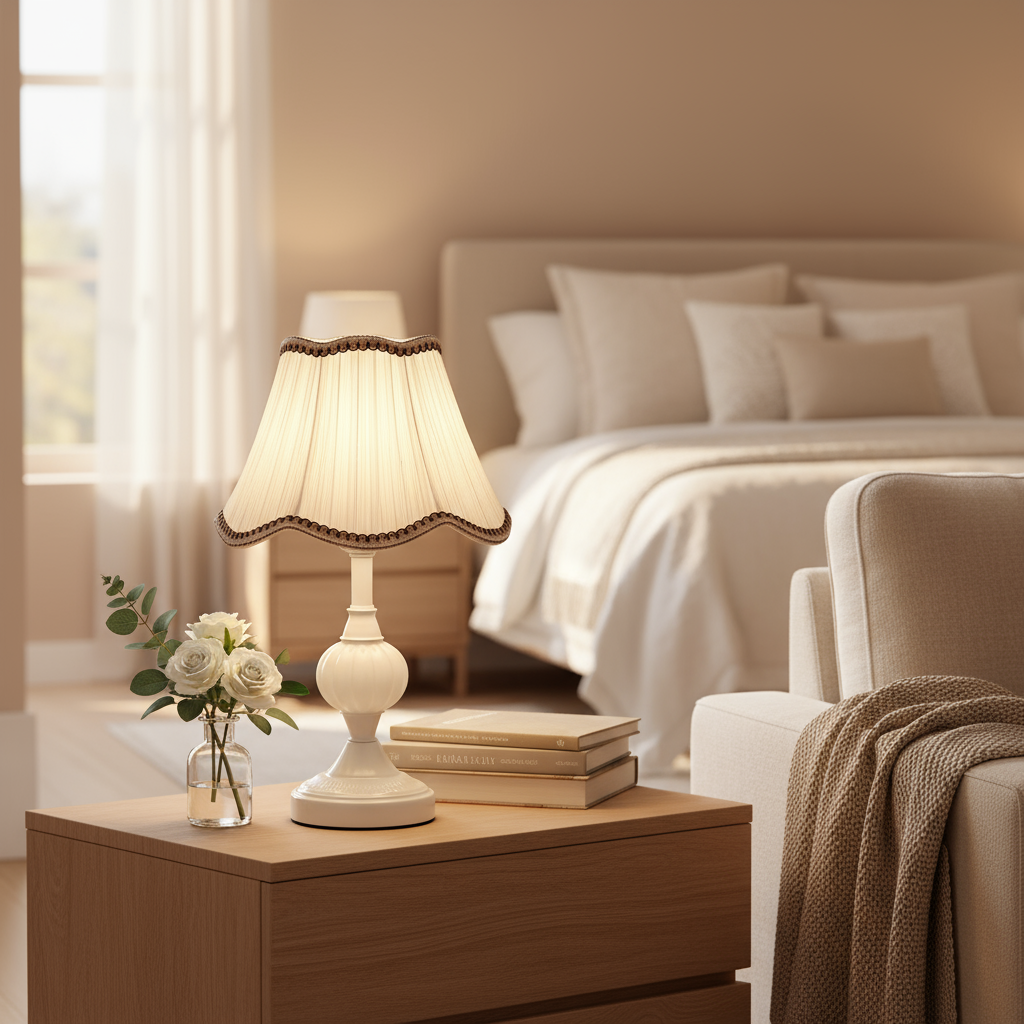 Vintage Floral Table Lamp with Fabric Shade – Elegant Bedside or Desk Lamp in White and Gold 22