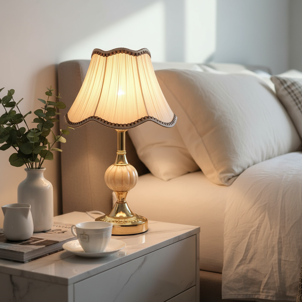 Vintage Floral Table Lamp with Fabric Shade – Elegant Bedside or Desk Lamp in White and Gold 23