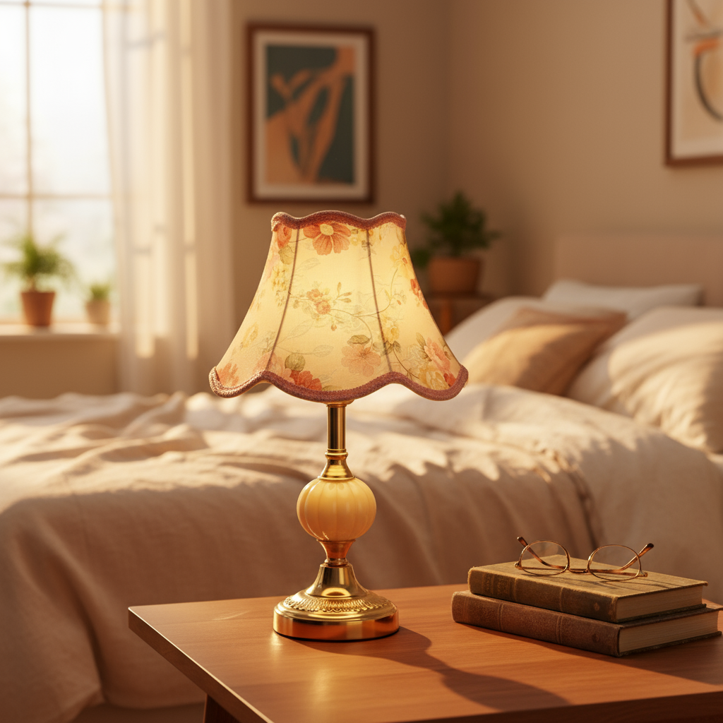 Vintage Floral Table Lamp with Fabric Shade – Elegant Bedside or Desk Lamp in White and Gold 24