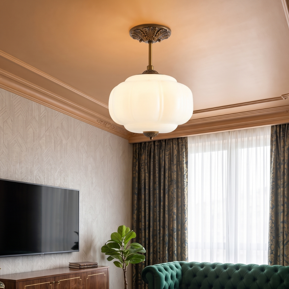 Vintage Glass Ceiling Lamp with Brass Fittings – Elegant Flush Mount Ceiling Light 90