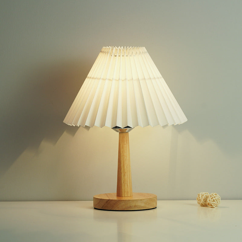 Vintage LED Table Lamp with Pleated Shade – Retro Design for Bedside or Desk Use, Warm Glow 0