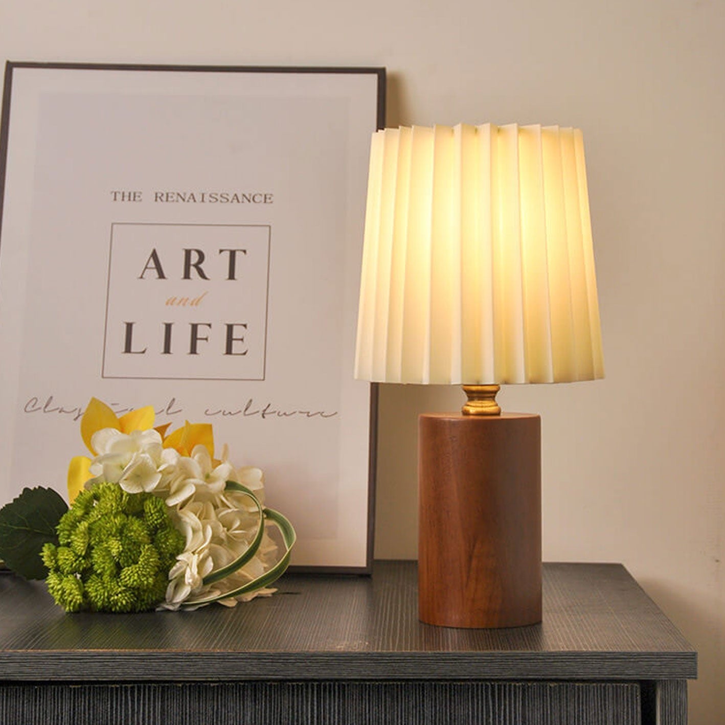 Vintage Solid Wood Base Table Lamp with Pleated Fabric Shade – Elegant Bedside or Desk Lamp 1