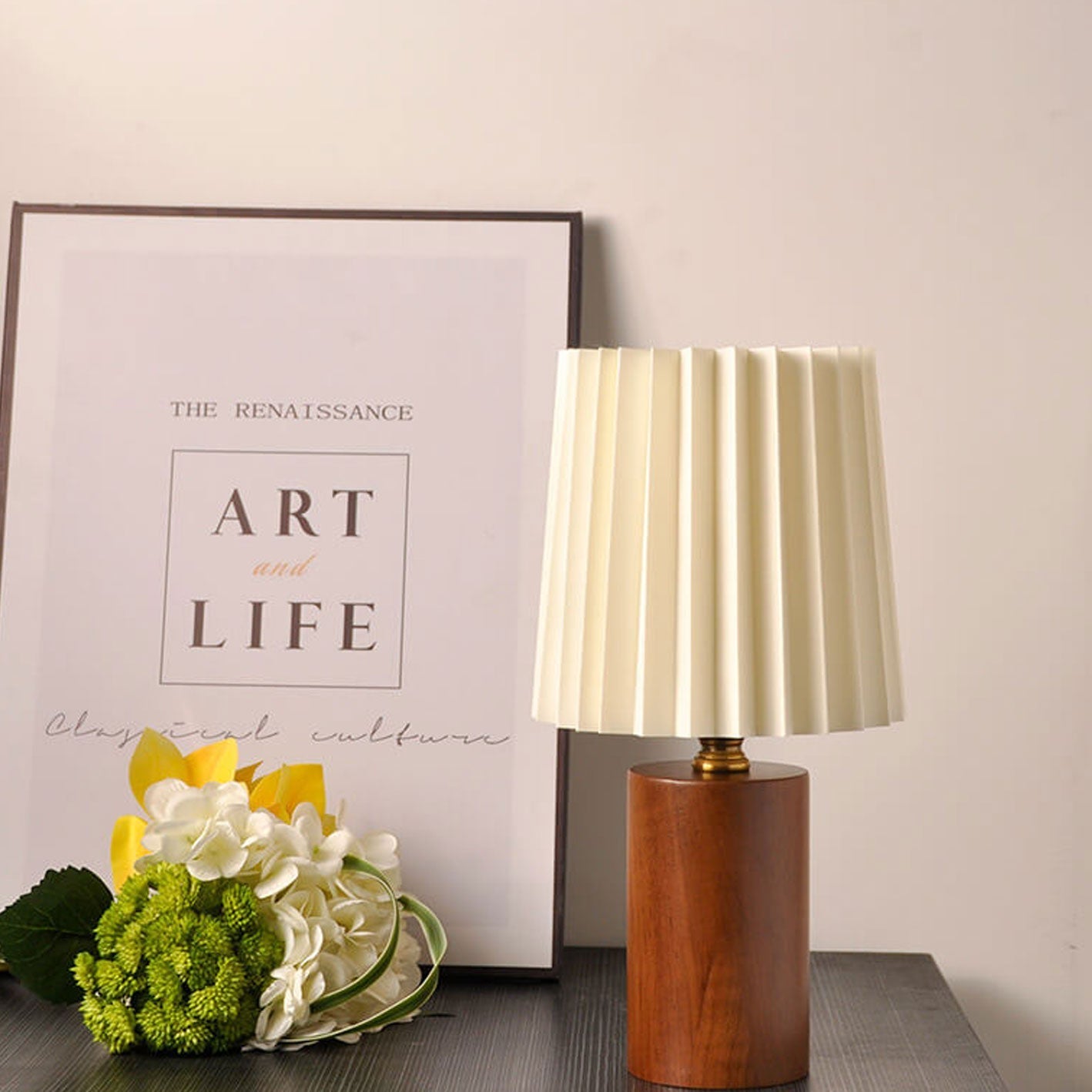 Vintage Solid Wood Base Table Lamp with Pleated Fabric Shade – Elegant Bedside or Desk Lamp 2