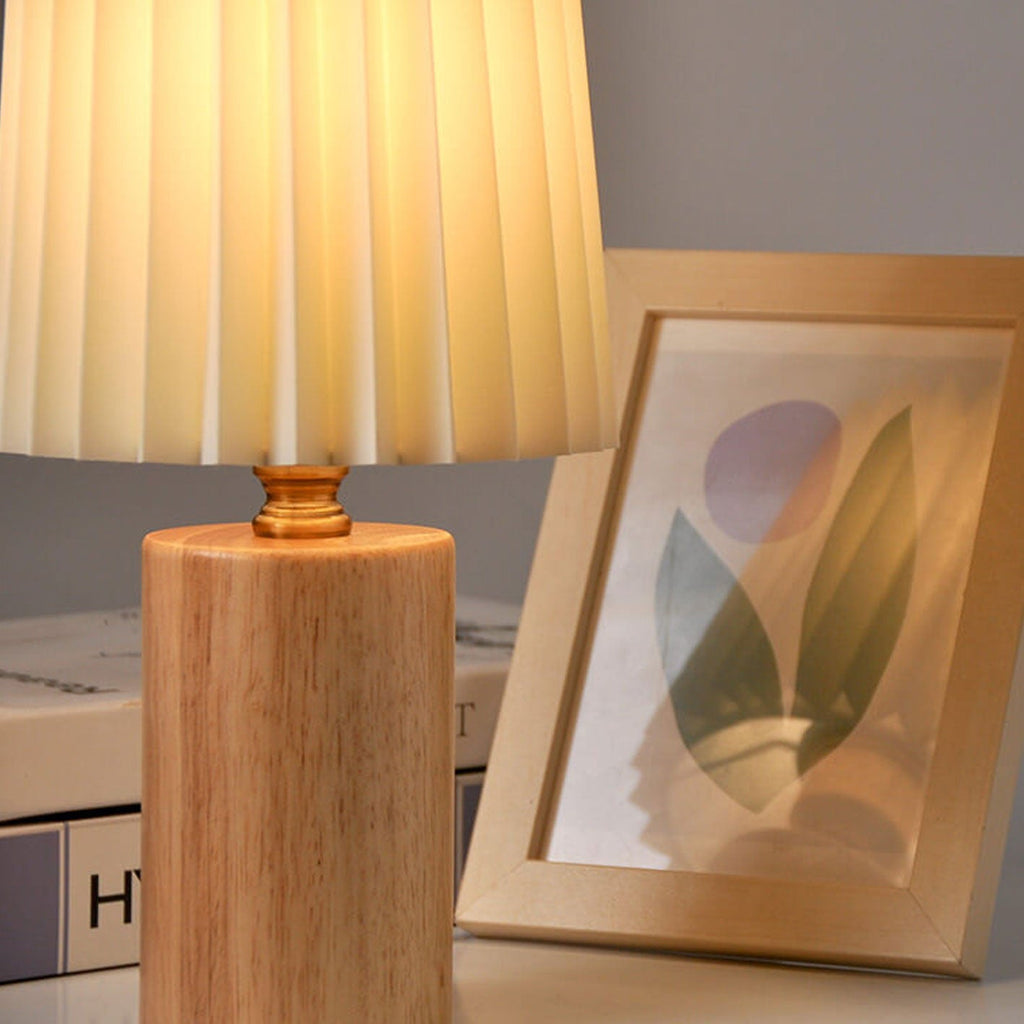 Vintage Solid Wood Base Table Lamp with Pleated Fabric Shade – Elegant Bedside or Desk Lamp 6
