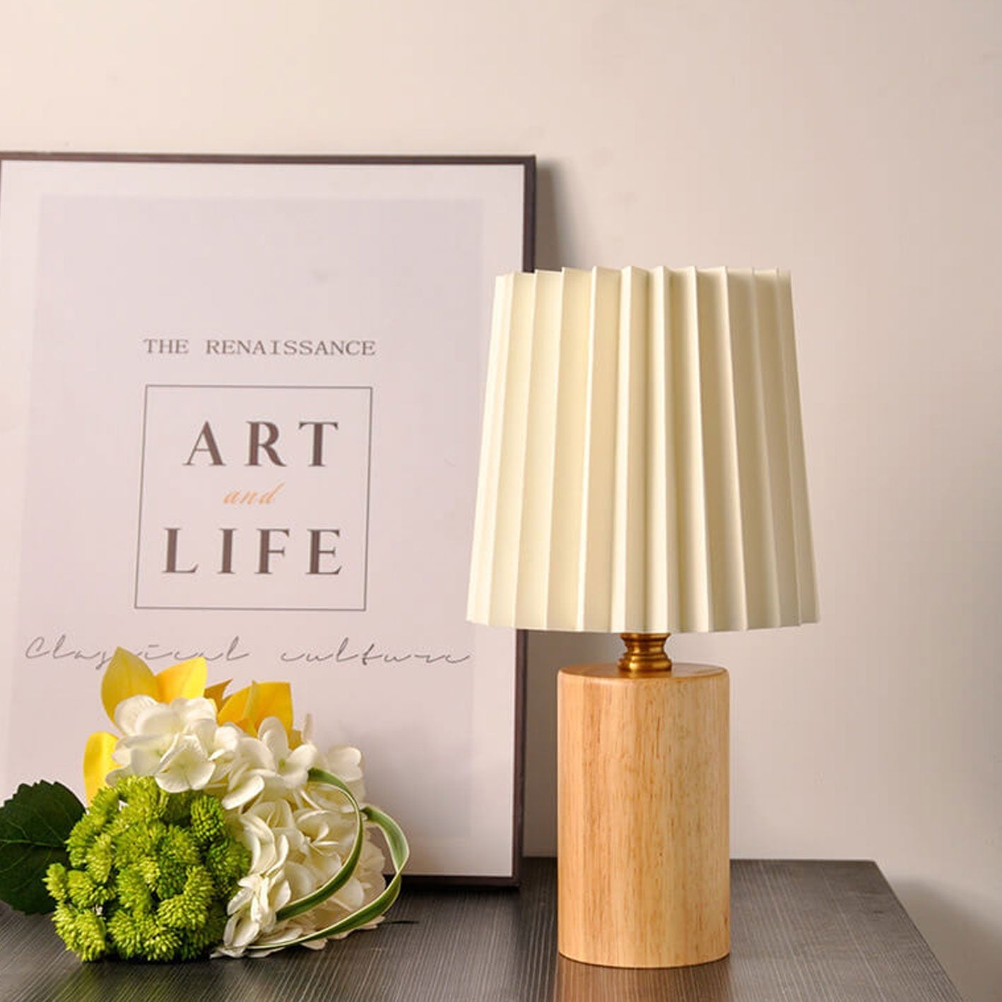 Vintage Solid Wood Base Table Lamp with Pleated Fabric Shade – Elegant Bedside or Desk Lamp 8
