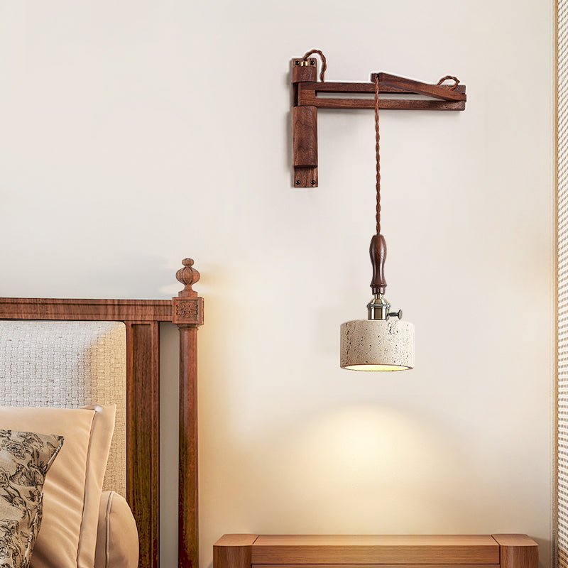 Vintage Wall Sconce Lighting with Travertine Shade and Wooden Handle 2