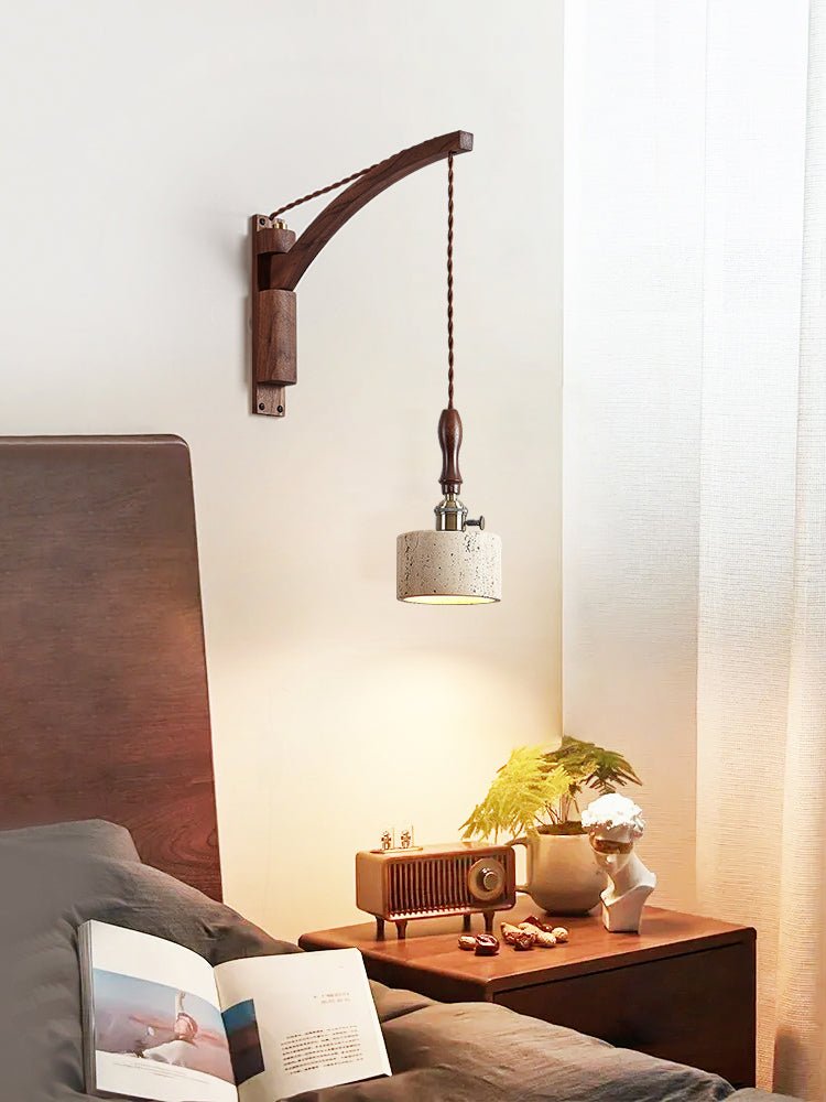 Vintage Wall Sconce Lighting with Travertine Shade and Wooden Handle 7