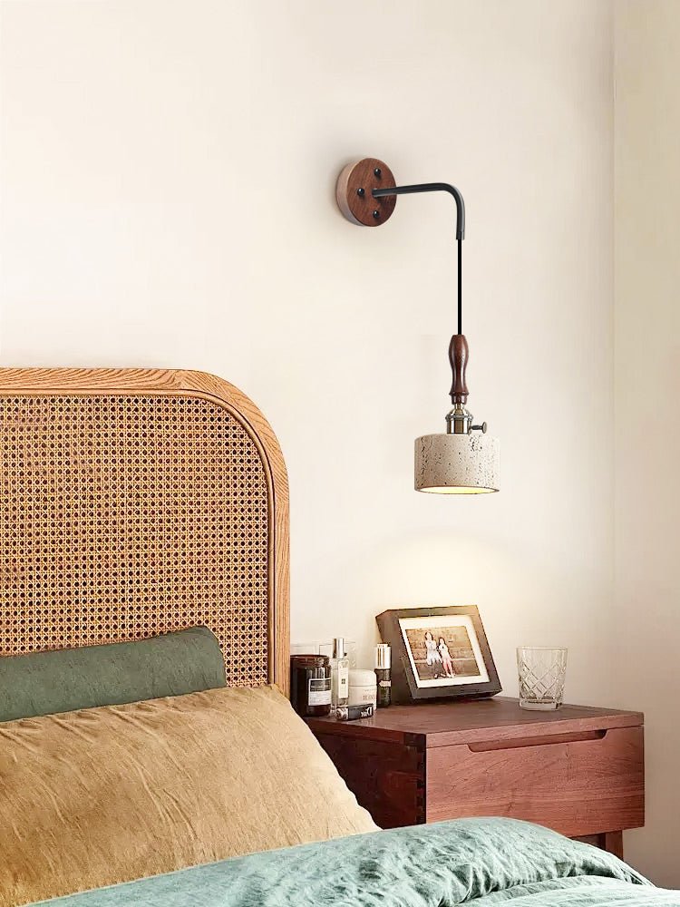 Vintage Wall Sconce Lighting with Travertine Shade and Wooden Handle 8