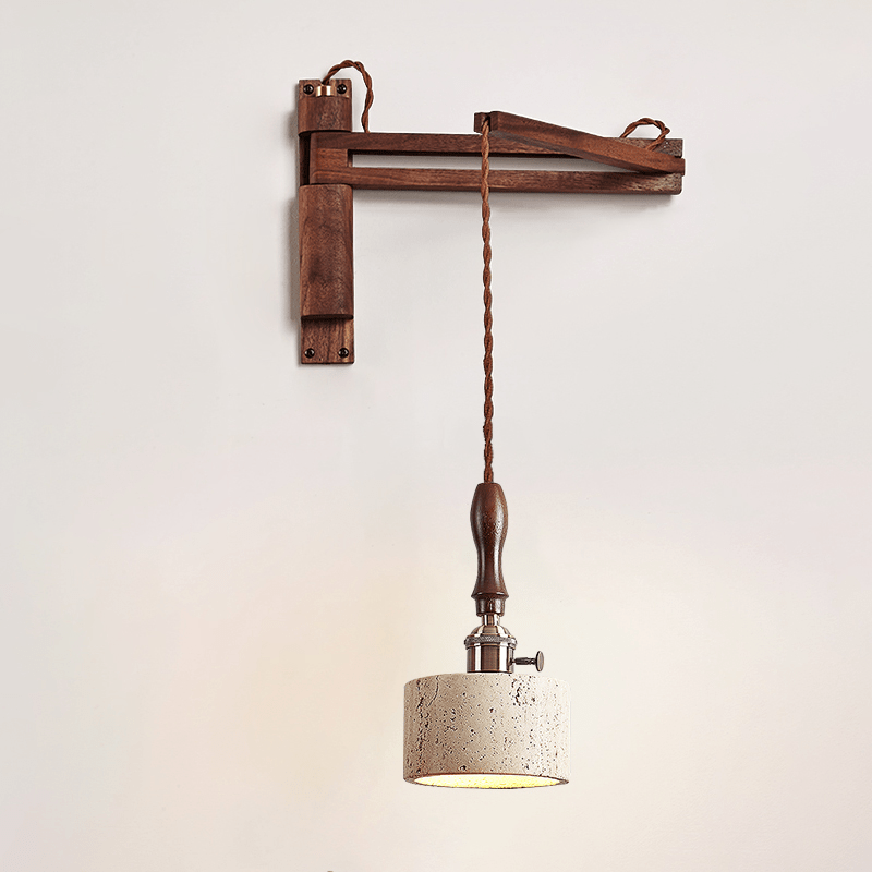 Vintage Wall Sconce Lighting with Travertine Shade and Wooden Handle 9