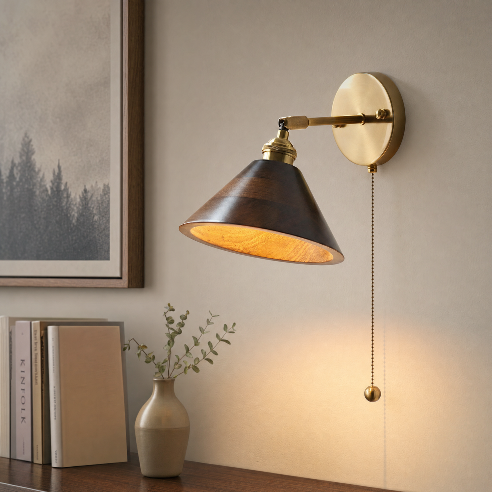 Vintage Wood Wall Sconce Brass Accent Walnut Finish Indoor Light Home Decor Stack Clear 99