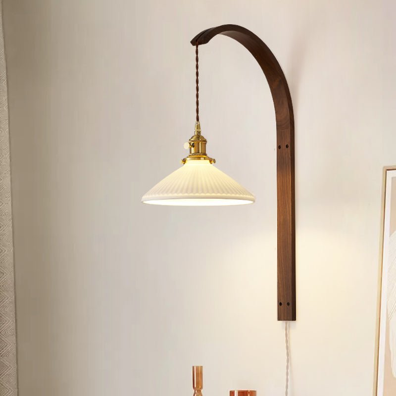 Vintage Wooden Wall Light With Glass Shade - Walnut Finish 4