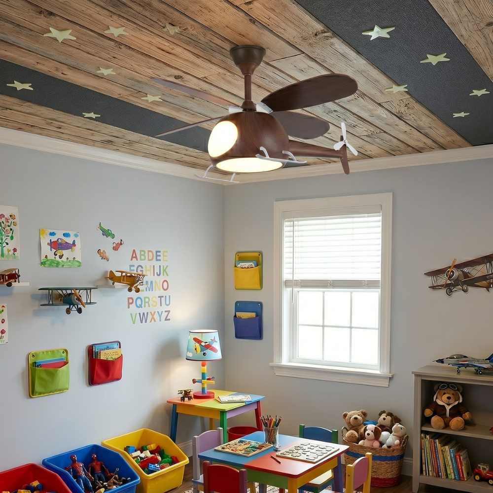 Whimsical Ceiling Light Wooden Helicopter Design Dimmable 97