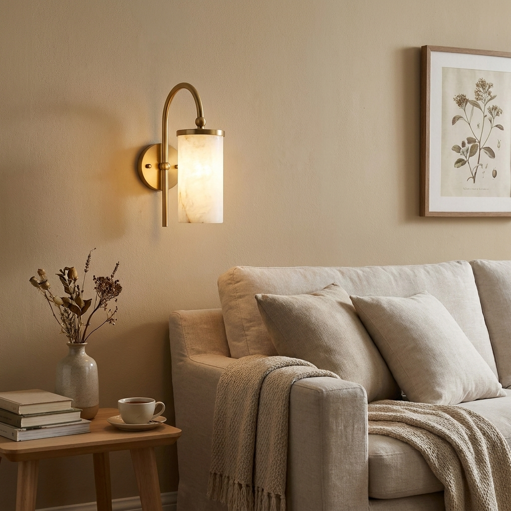 White Alabaster Wall Sconce Curved Arc Shade Brass Accent Modern Living Room Bedroom Home Decor - Stack & Clear 1
