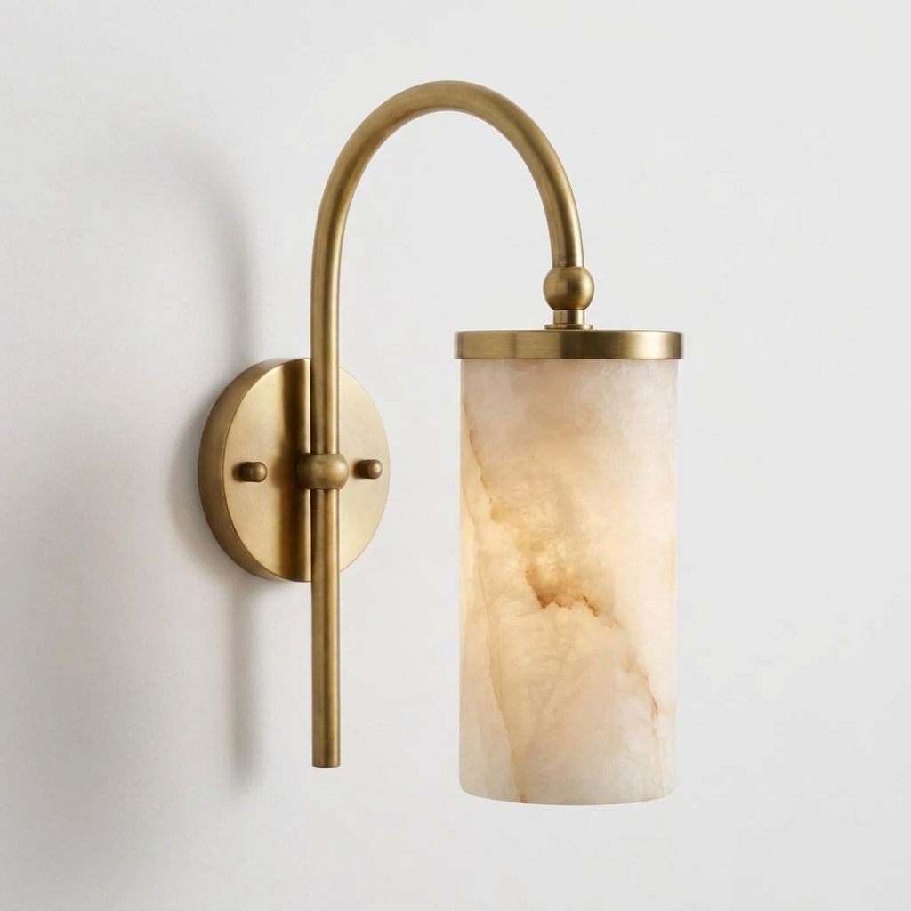 White Alabaster Wall Sconce Curved Arc Shade Brass Accent Modern Living Room Bedroom Home Decor - Stack & Clear 2