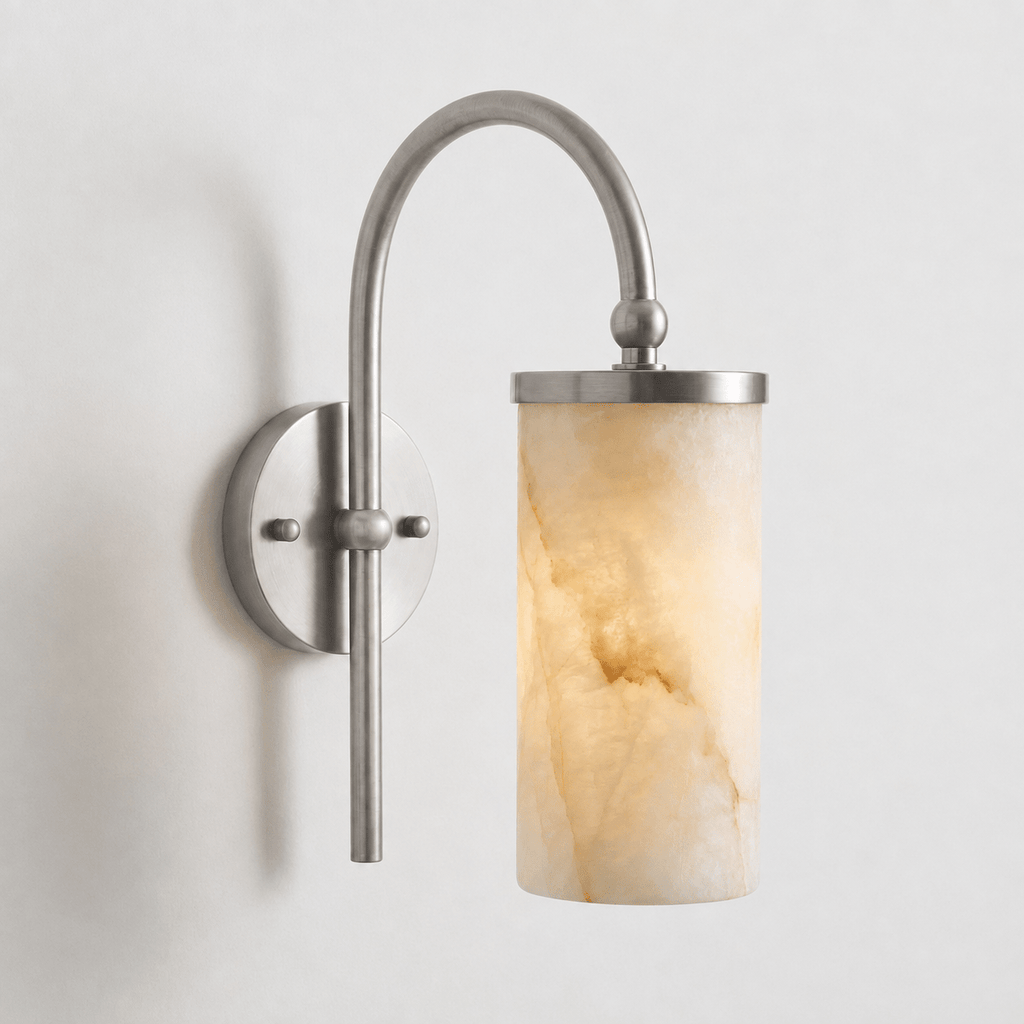 White Alabaster Wall Sconce Curved Arc Shade Brass Accent Modern Living Room Bedroom Home Decor - Stack & Clear 9