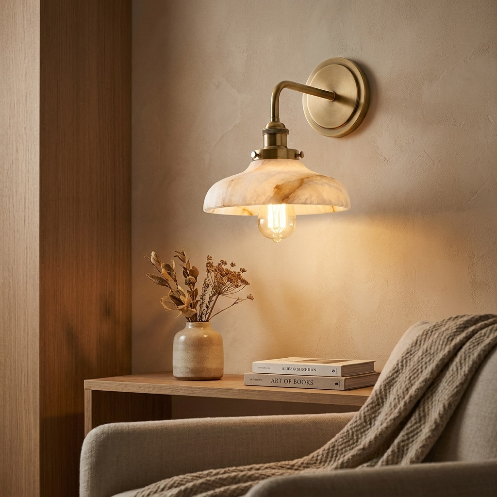 White Alabaster Wall Sconce Dome Shade Brass Accent Modern Living Room Hallway Home Decor - Stack & Clear 0