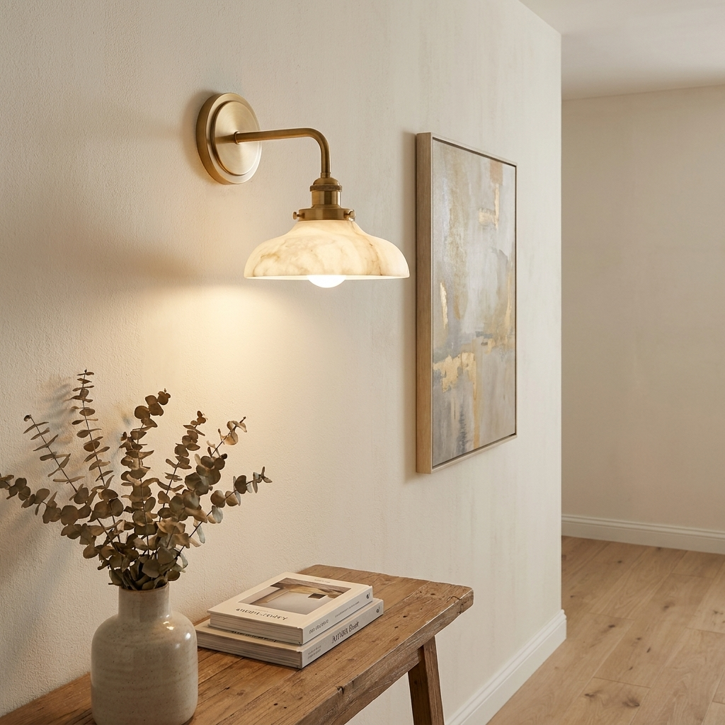 White Alabaster Wall Sconce Dome Shade Brass Accent Modern Living Room Hallway Home Decor - Stack & Clear 6