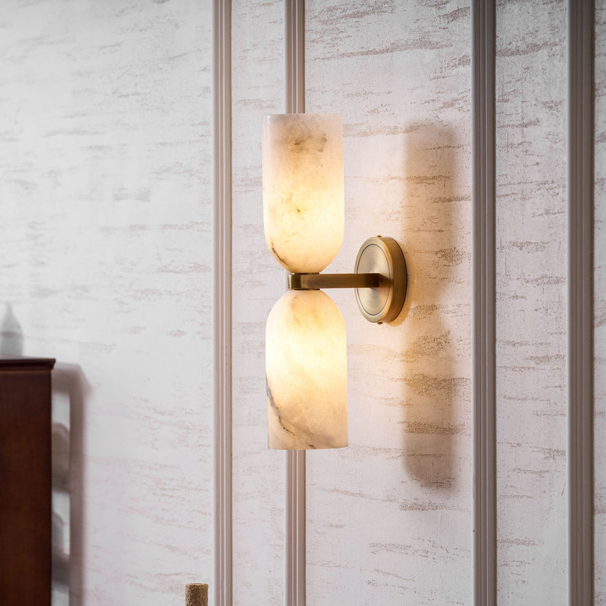 White Alabaster Wall Sconce Slim Cylinder Shade Copper Accent Modern Hallway Bedroom Home Decor - Stack & Clear 10