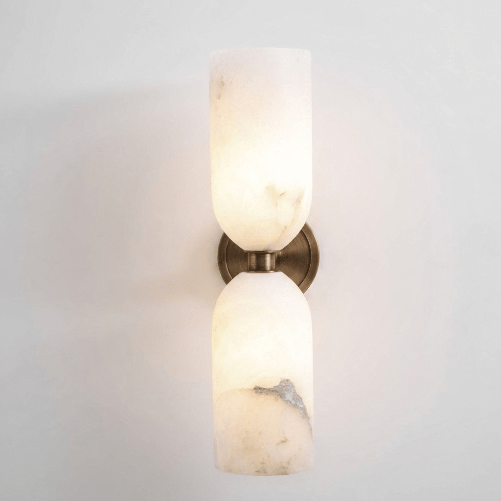 White Alabaster Wall Sconce Slim Cylinder Shade Copper Accent Modern Hallway Bedroom Home Decor - Stack & Clear 11