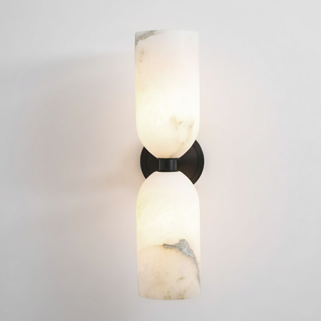White Alabaster Wall Sconce Slim Cylinder Shade Copper Accent Modern Hallway Bedroom Home Decor - Stack & Clear 12