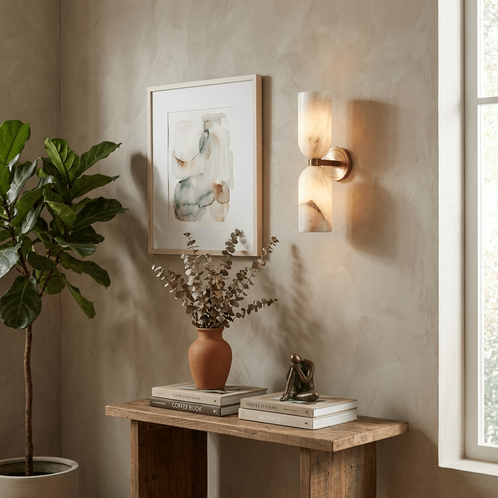 White Alabaster Wall Sconce Slim Cylinder Shade Copper Accent Modern Hallway Bedroom Home Decor - Stack & Clear 4